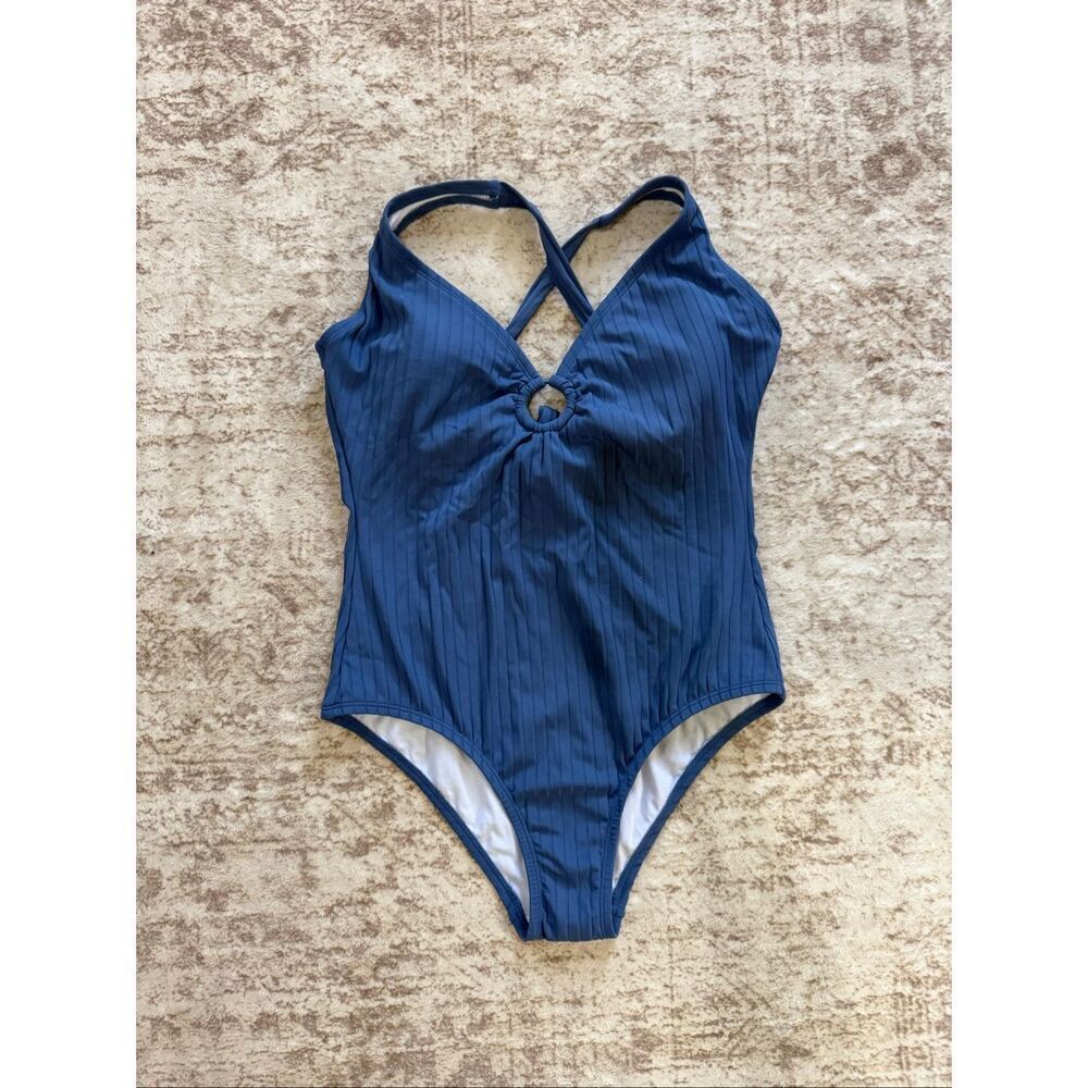 Kona Sol Women's Ribbed Ring Medium Coverage One-Piece Swimsuit Blue Large NWOT